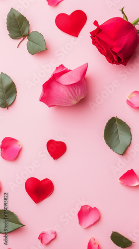 Pink Rose Petals and Hearts on Minimal Background – Elegant Valentine's Day Flat Lay