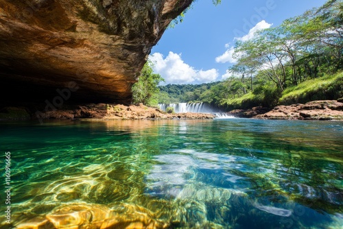 Fototapeta Naklejka Na Ścianę i Meble -  A serene pool at the base of IguazÃº Falls, with calm waters reflecting the lush jungle and blue sky above