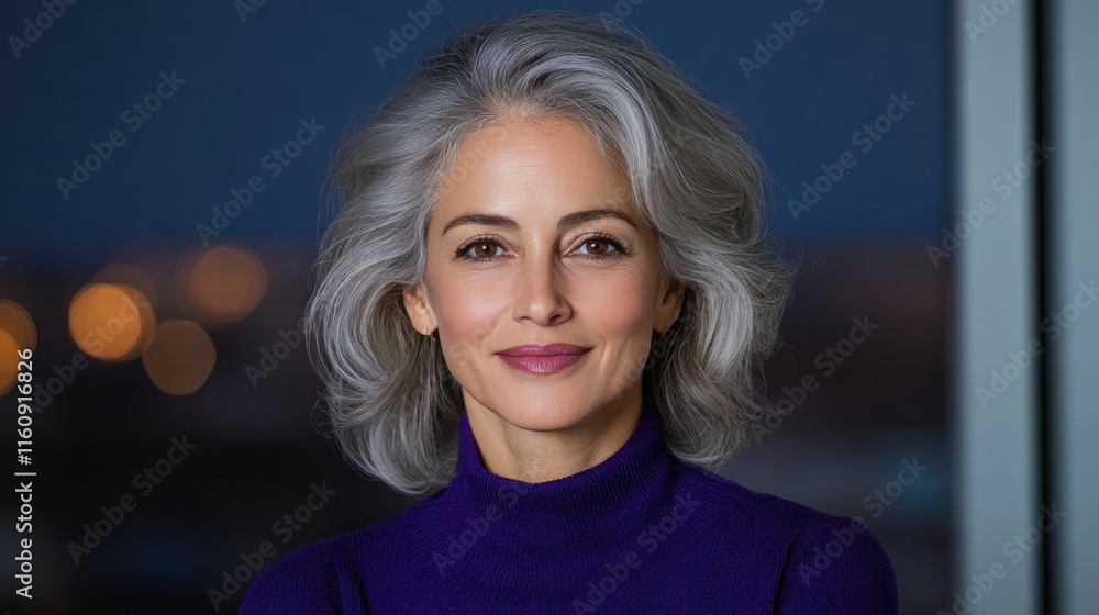 Fototapeta premium Radiant Senior Lady on Purple Backdrop with Room for Text