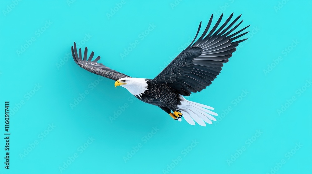 Naklejka premium A majestic eagle soaring against a vibrant turquoise background.
