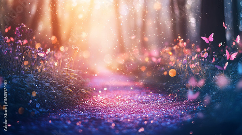 magical fairy tale scene with glowing butterflies and vibrant flowers