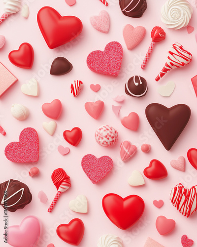 Heart-Shaped Chocolate Candy in Valentine's Decorated Background – Sweet Valentine's Day Illustration. Flat lay