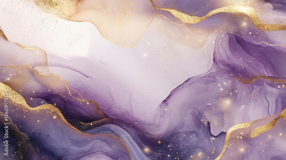 Obraz premium luxurious abstract fluid art background featuring swirling purple and gold metallic marble textures with elegant ink patterns and shimmering glitter accents