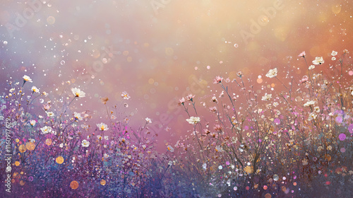 serene meadow filled with colorful wildflowers and soft bokeh lights creates dreamy atmosphere