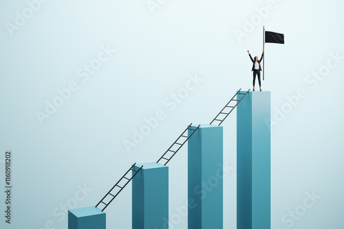 Konstfotografi Woman standing on a peak holding a flag, symbolizing success and leadership on a staircase of growth and achievement