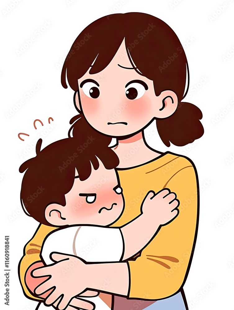 Worried mother comforting upset toddler son. Worried mother comforting upset toddler son.