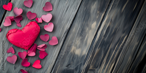 Flat Lay in wooden Background with Pink Rose Petals and Hearts – Romantic Valentine's Day Design