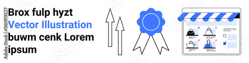 E-commerce website layout with icons of awards, arrows, user profiles, and a header featuring a ribbon. Ideal for online shopping, recognition, awards, user interface, profiles achievements