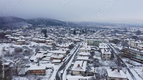 Aerial view of a residential area on a cold winter day in Malko Tarnovo, Burgas, Bulgaria photo