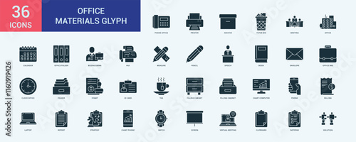 Office material icon collection set with phone office, printer, archive, paper bin, meeting, office, calender, office folder, businessman, fax, measure, pencil, speech, book, envelope, office bag, clo