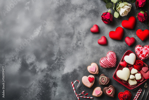 Valentine's Day Flat Lay with Red Roses and Hearts on Minimalist Background – Romantic Love Illustration