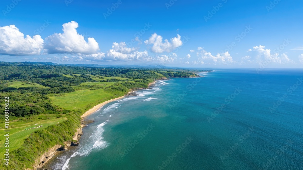 Aerial View of Serene Coastal Landscape with Lush Green Hills, Calm Ocean Waters, and Scenic Skies Under Beautiful Fluffy Clouds Aerial View of Serene Coastal Landscape with Lush Green Hills, Calm Ocean Waters, and Scenic Skies Under Beautiful Fluffy Clouds