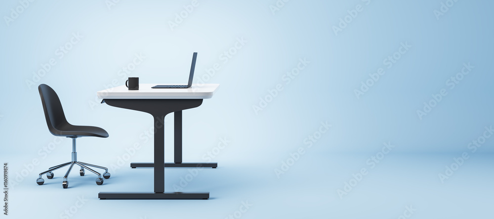 Minimalistic modern workstation with black chair, white desk, laptop, and coffee cup on gradient blue background. 3D Rendering Minimalistic modern workstation with black chair, white desk, laptop, and coffee cup on gradient blue background. 3D Rendering
