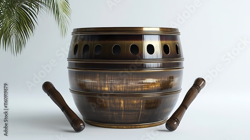 Dark brown wooden barrel drum with two mallets on white background, near palm frond. photo