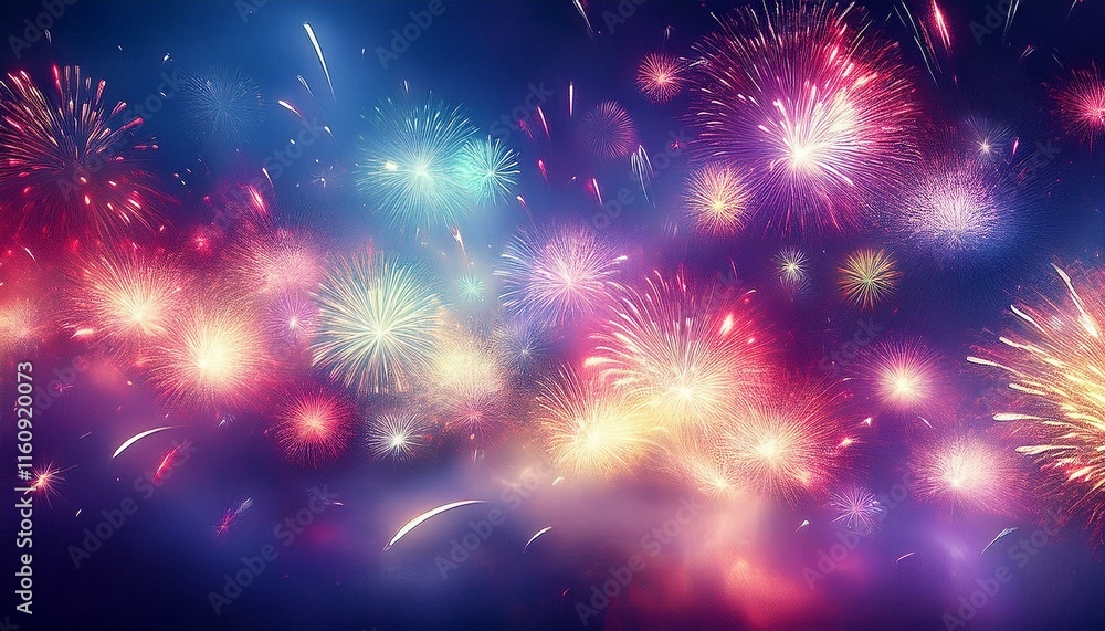 Fototapeta premium Abstract holiday background with fireworks and bokeh lights; festive celebration graphic resource