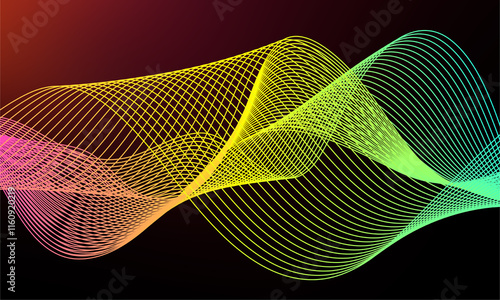 Colorful transparent wave lines pattern. Gradients of blue, yellow, pink and black photo