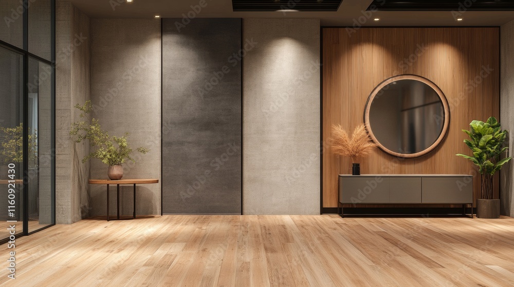 Naklejka premium 3D rendering of a grey entrance hallway room , wooden floor and a large mirror and a console table. Layout for the presentation of furniture. 