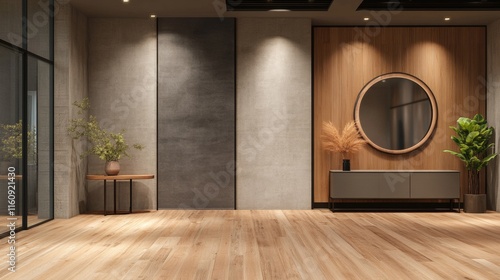 3D rendering of a grey entrance hallway room , wooden floor and a large  mirror and a console table. Layout for the presentation of furniture. 