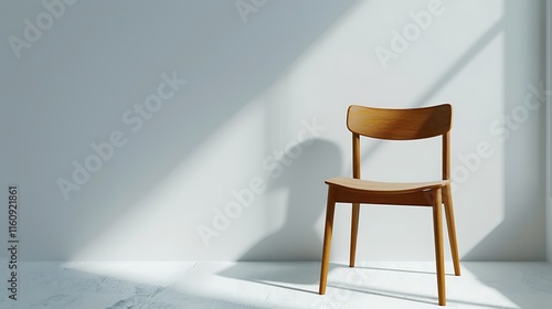 Wooden chair and minimalist table, both placed on a white surface, captured in high clarity,