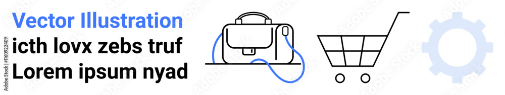 Black shopping cart and bag with a handle, blue wire, and gear icon. lorem ipsum text. Ideal for e-commerce, shopping, technology solutions, business services, web design, marketing, app development Black shopping cart and bag with a handle, blue wire, and gear icon. lorem ipsum text. Ideal for e-commerce, shopping, technology solutions, business services, web design, marketing, app development