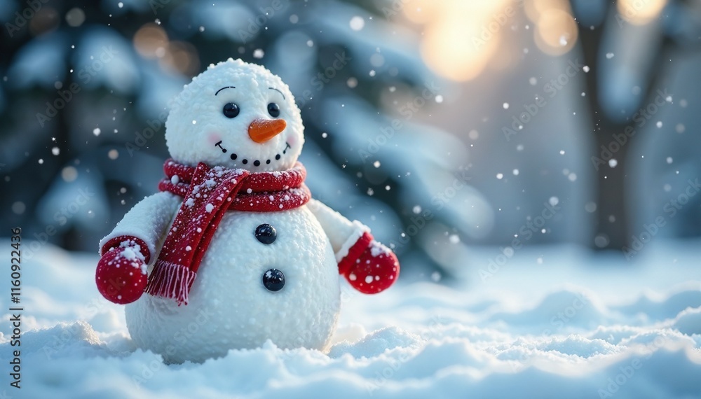 Fototapeta premium Snowflake covered snowman wearing a scarf and mittens, frosty weather, evergreen trees,