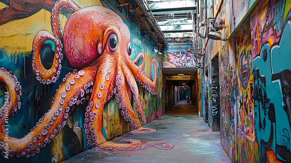 Obraz premium Gigantic Octopus Mural in Vibrant Graffiti Alley