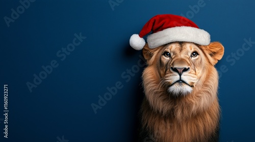 A lion wearing a Santa hat, against a solid blue background, with copy space.