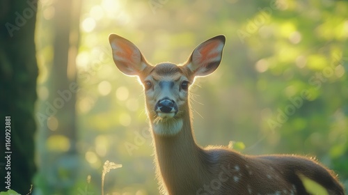 majestic forest deer portrait with soft bokeh background and morning mist, wildlife photography in natural habitat during golden hour photo