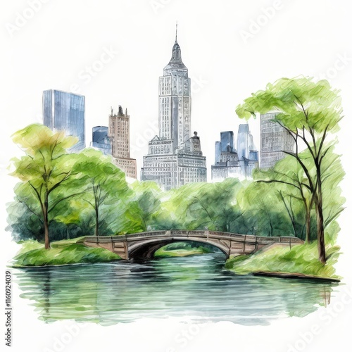 the AI Image Generator, Urban Park With Skyline and Scenic Bridge Over Water