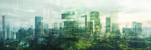 sustainable business practices in corporate architecture concept, A double exposure of a green building and cityscape, with an abstract digital background