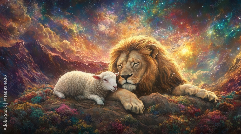 Obraz premium majestic lion lying peacefully with gentle lamb in surreal heavenly landscape, spiritual artistic interpretation of biblical prophecy
