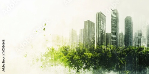 sustainable business practices in corporate architecture concept, A double exposure of a green building and cityscape, with an abstract digital background