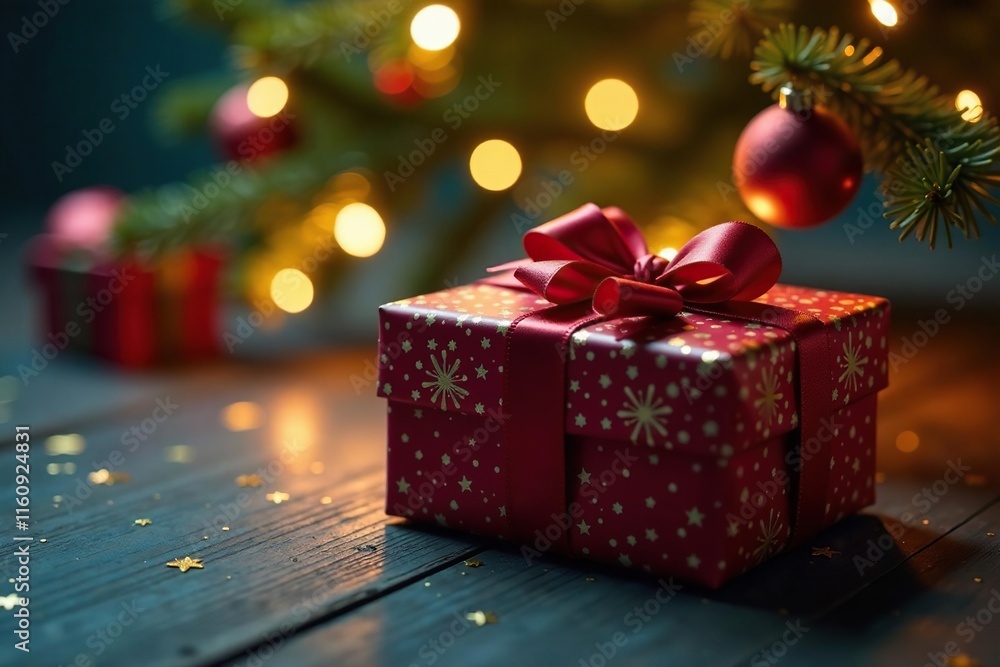 Glittering lights adorn a festively wrapped present under a Christmas tree, wrapping paper, gift box Glittering lights adorn a festively wrapped present under a Christmas tree, wrapping paper, gift box