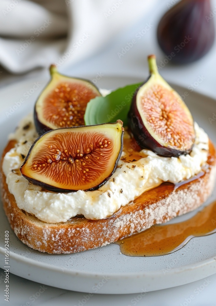 A plate of bread with three slices of figs and a dollop of cream A plate of bread with three slices of figs and a dollop of cream