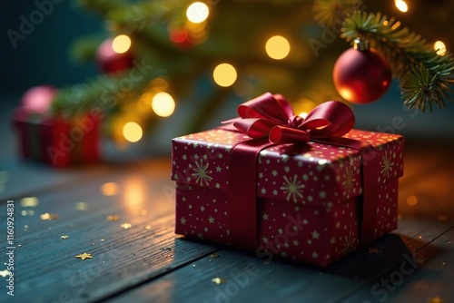 Wallpaper Mural Glittering lights adorn a festively wrapped present under a Christmas tree, wrapping paper, gift box Torontodigital.ca