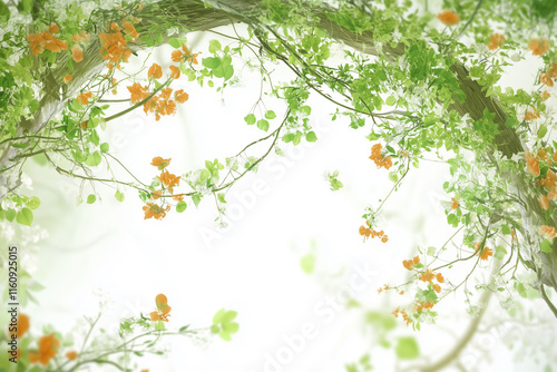 Green spring themed background with orange flowers and copy space in the center. photo