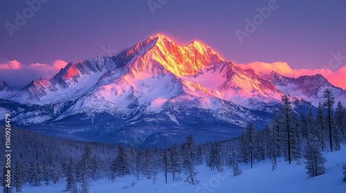 Twilight casts a serene glow over the snow-capped mountain peaks. photo