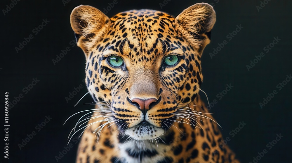 Obraz premium majestic spotted leopard portrait with intense green eyes against deep black background showcasing detailed fur texture and natural beauty