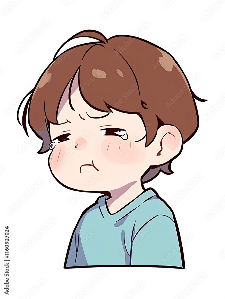 Illustration of a sad, chibi-style boy with rosy cheeks and tears. Illustration of a sad, chibi-style boy with rosy cheeks and tears.