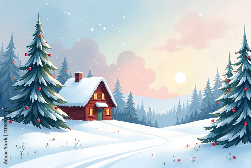 Naklejka premium christmas watercolor painting features serene winter scene soft colors delicate