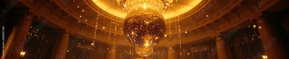 Obraz premium A gold disco ball suspended from the ceiling in a grand chandelier, luxurious, refined
