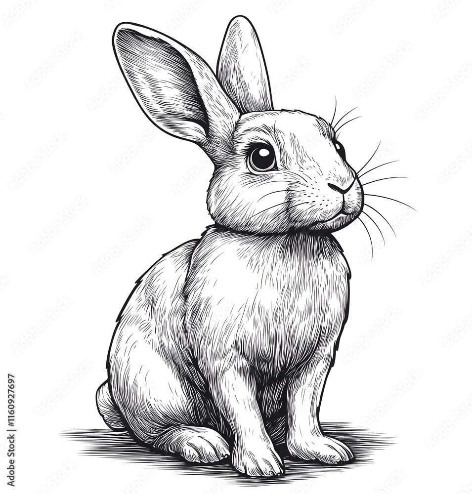 Obraz premium Rabbit, ink drawing clip art illustration in the side view style of minimalist black and white , on white background