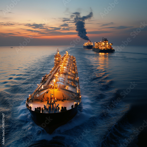 LNG tanker and other marine vessels at night at sea going out of harbor photo