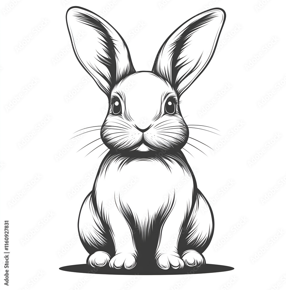 Obraz premium Rabbit, ink drawing clip art illustration in the side view style of minimalist black and white , on white background