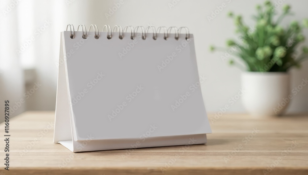 Desk Calendar Mockup. Blank spiral notepad on wooden table, minimalistic indoor setup with potted plant, copy space available Desk Calendar Mockup. Blank spiral notepad on wooden table, minimalistic indoor setup with potted plant, copy space available