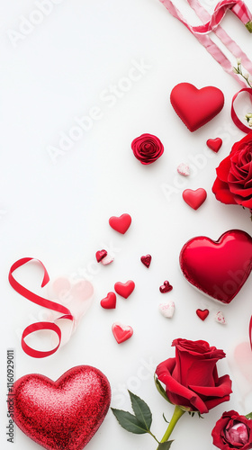 Red Rose Petals and Hearts on Minimal Background – Elegant Valentine's Day Flat Lay - Negative space 