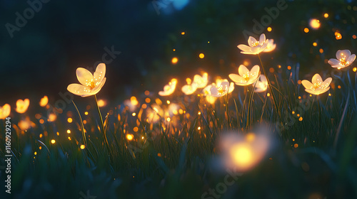 Softly illuminated grass flowers at dusk, creating magical atmosphere