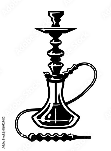 Arabian hookah with pipe emblem. Traditional shisha, smoking tobacco icon symbol. Black and white vector drawing