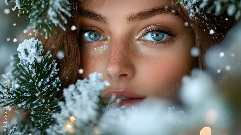 A woman's face is partially hidden behind a snow-covered evergreen branch. She has long brown hair and sparkling blue eyes. The background is blurred, suggesting festive lights. A woman's face is partially hidden behind a snow-covered evergreen branch. She has long brown hair and sparkling blue eyes. The background is blurred, suggesting festive lights.