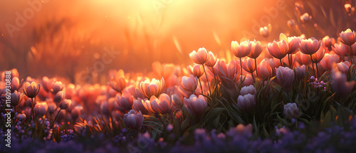 Warm sunset light enhancing beauty of spring flowers in bloom
